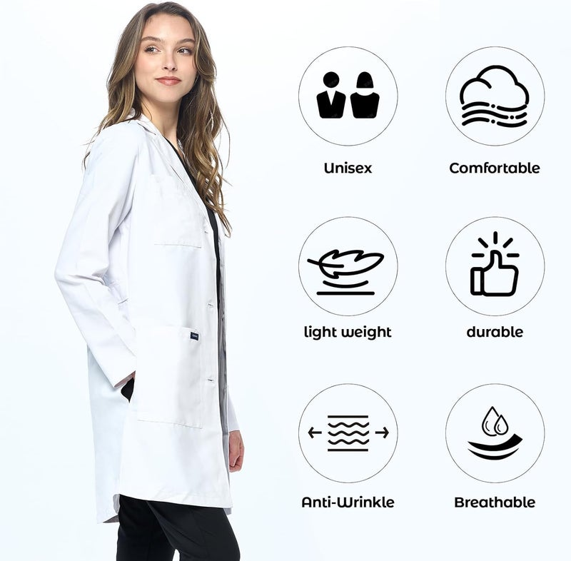 Dagacci Medical Uniform معطف مختبر أبيض مقاس 35" للجنسين XS إلى 2XL - Image 1